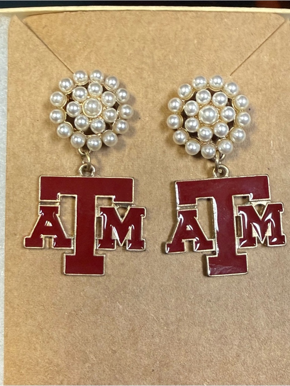 Texas A&M Pearl Cluster Drop Earrings with Maroon Logo